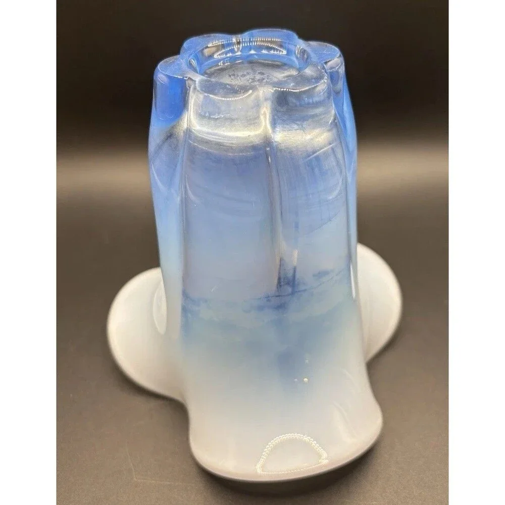 Duncan & Miller CANTERBURY #115 Blue Opalescent Glass Crimped Vase  5” tall